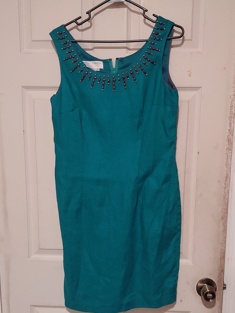 Maggie London Kenneth Nolan Linen Kelly Green Sleeveless Beaded Sheath Dress 10